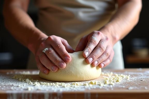 피자 도우를 반죽하는 장인의 손